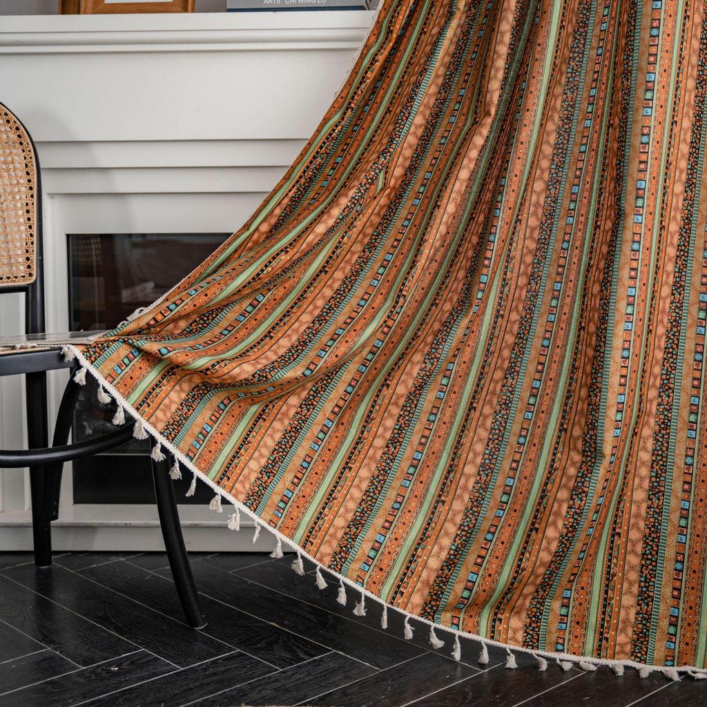 Yiman Qiyun Bohemian Striped Yellow Cotton-Linen Kitchen Curtain, Semi-Light-Blocking