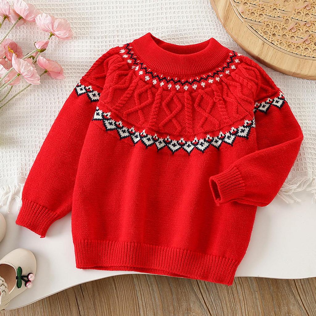 Gestrickter Pullover für Mädchen mit Muster, Warmes Langarm-Basisshirt für den Winter