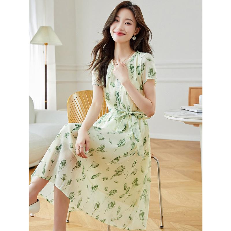 2026 Summer Silk Goddess Style Printed Short-Sleeve Loose Dress for Women