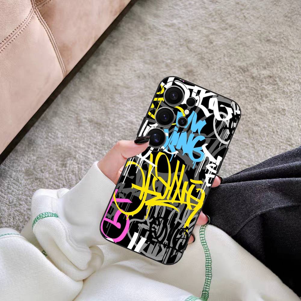 Cool Black Graffiti Phone Case For Samsung S 20 21 22 23 lite plus ultra Clear Mobile Cover Funda