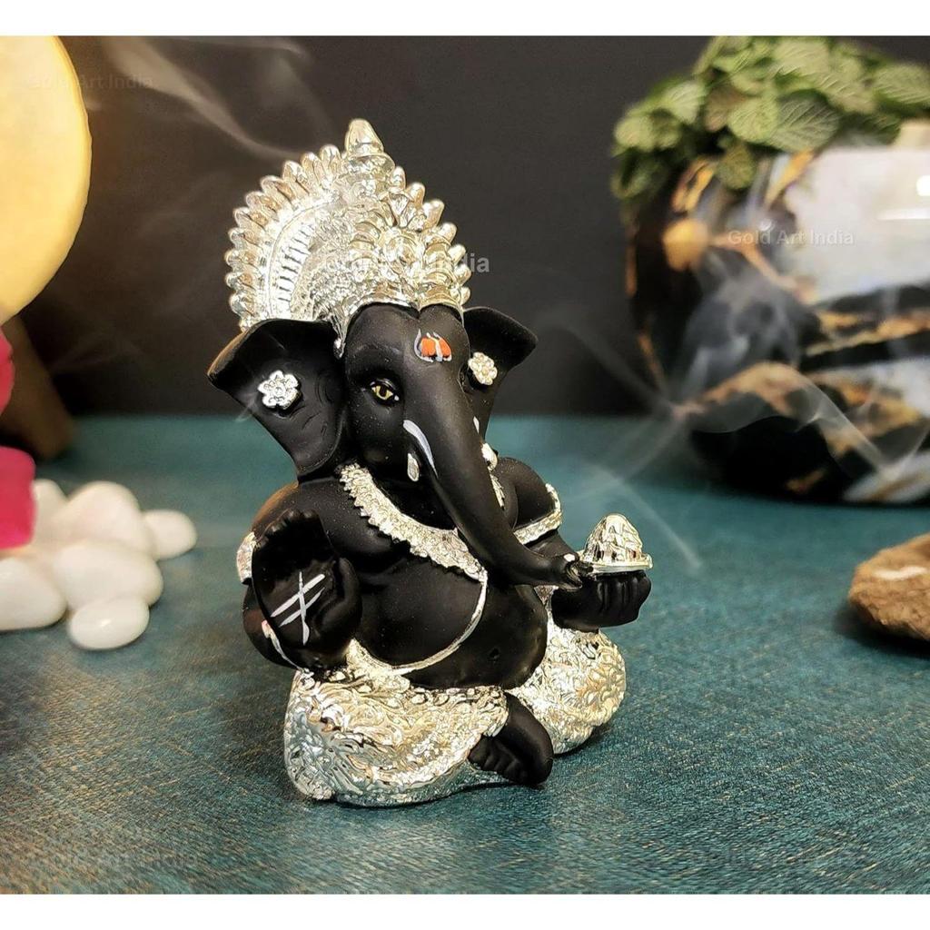 Silver Plated Idol for Ganesh Idol for Car Dashboard God Ganesha Idol for Home Decor Ganpati for Gift Silver Mukut Silver Black, Idol