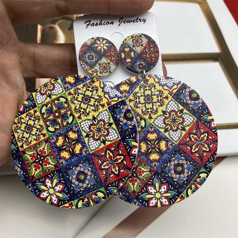 Bohemian Ethnic Church Ceramic Pattern Statement Earrings Vintage Wooden Big Round Water Drop Earrings For Women Jewelry Gift