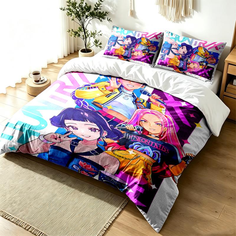 Set lenjerie de pat Kpop demon hunters 3 piese Cearșaf de pilotă Set simplu modern Rezistent la șifonare Material moale Utilizare pe tot parcursul anului un cadou perfect