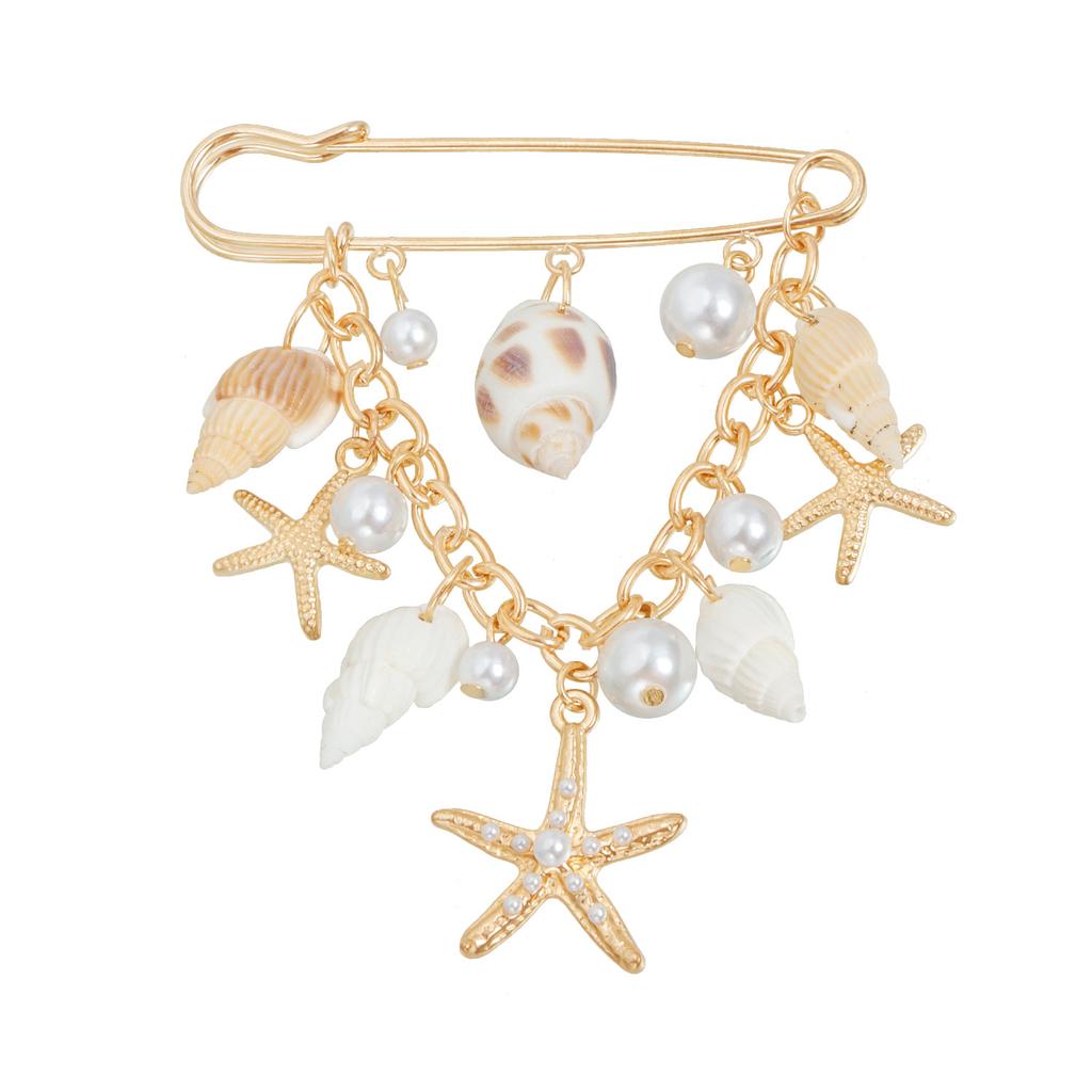 European and American Jewelry Summer Conch Shell Starfish Point Diamond Pearl Brooch Clothing Women's Functional Pin Accessories