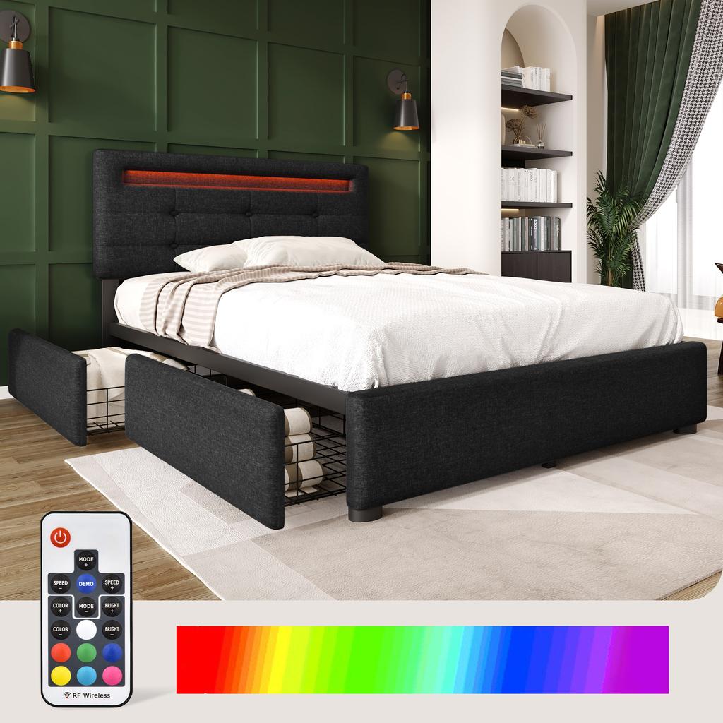 Bed Frame with LED Lighting, 2 Drawers, Single Upholstered Bed 90x200cm, Height-Adjustable Headboard, Wooden Slatted Frame, Black (Without Mattress)