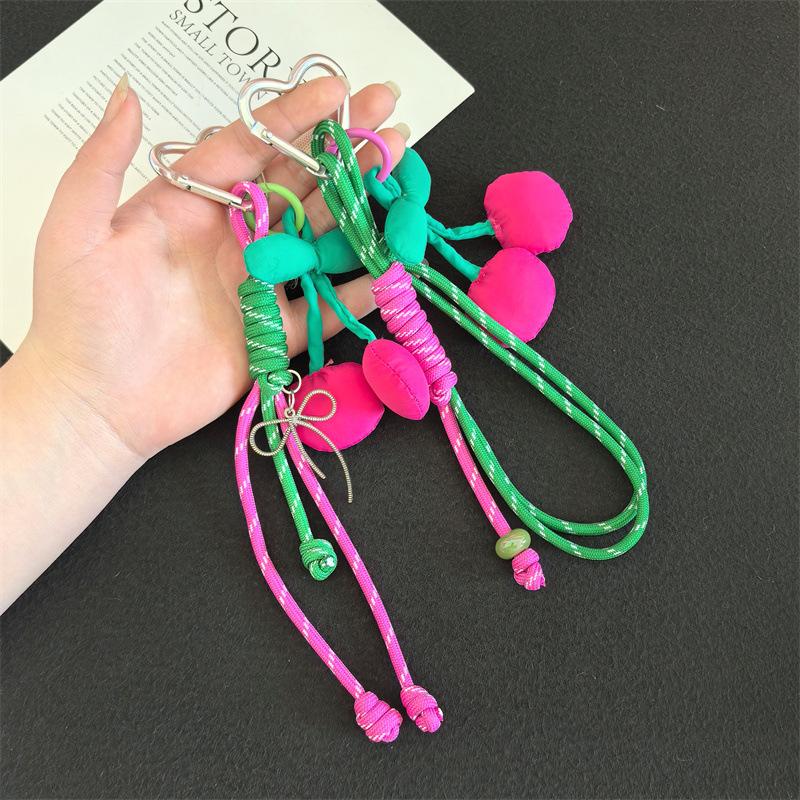 Fabric Cherry Detachable Heart-Shaped Beaded Keychain Mobile Phone Chain Anti-Loss Lanyard