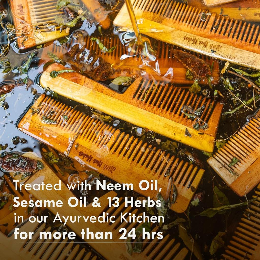 Nat Habit Kacchi Neem Wooden Shampoo Comb, Wide Tooth Hair Detangler For Long And Thick Hair, Herb Soaked And Oil Infused