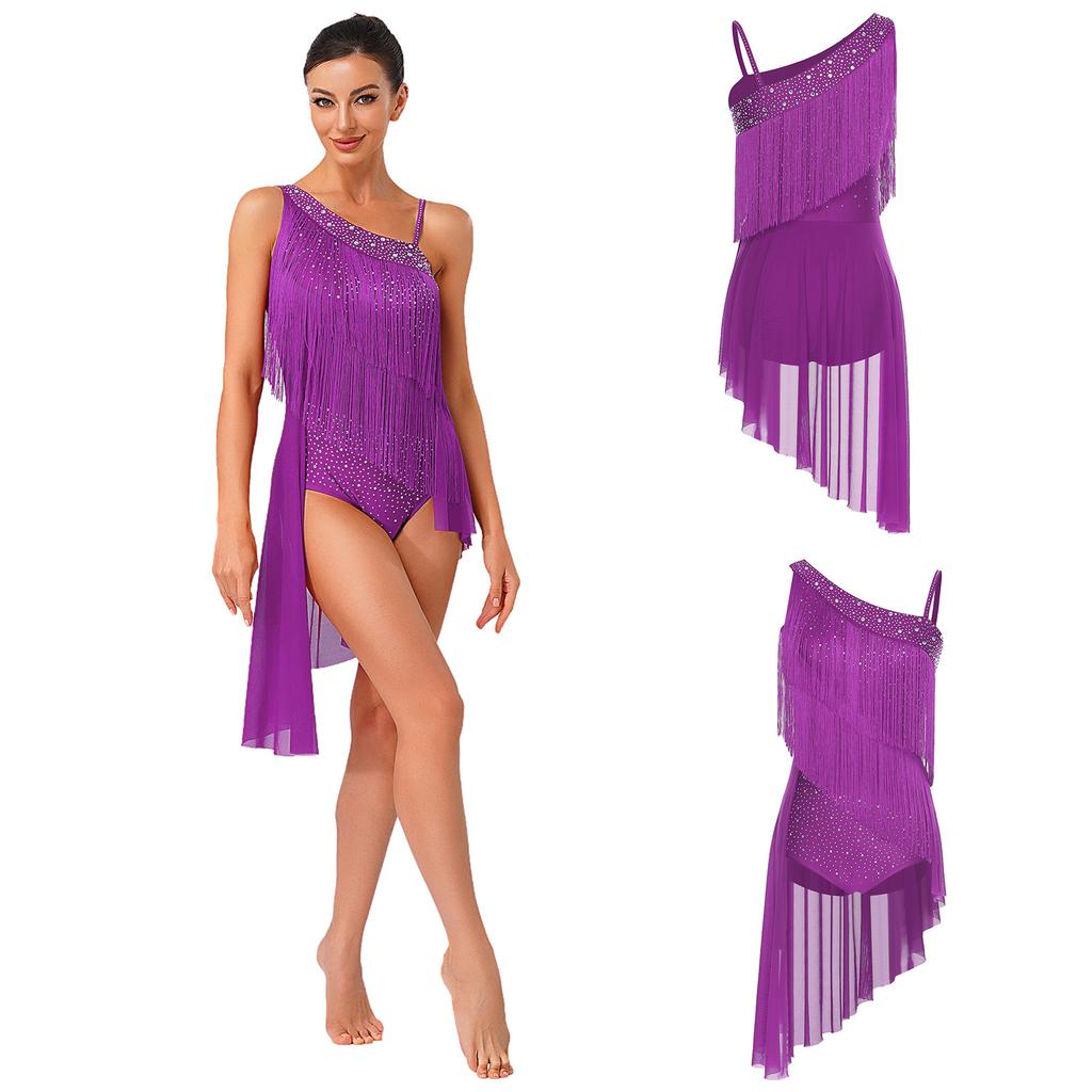 Women Latin Tango Tassel Dance Dress Asymmetrical Shoulder Glitter Rhinestones Irregular Hem Openable Crotch Leotard Dancewear for Stage Competition