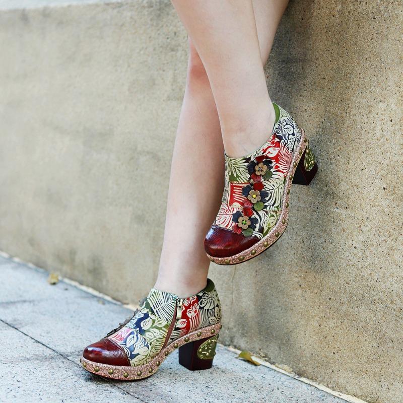New in autumn and winter hand-polished leather retro flower three-dimensional flower comfortable thick heel high heels 36 зелёный 7690₽