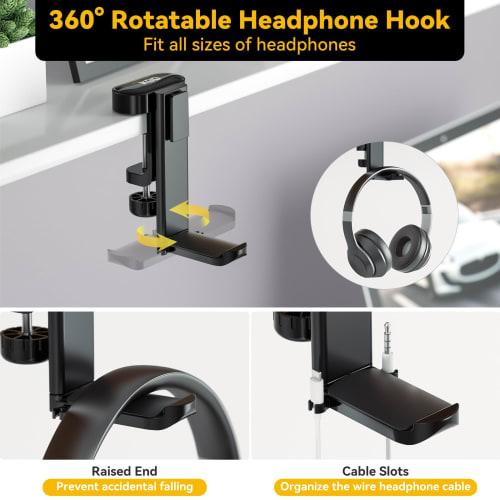 KDD 4-in-1 Desk Organizer - Headphone Stand with Drink Holder - Under-Desk Headphone Hook with Two Wire Holes - Rotating Headphone Hanger and Removabl