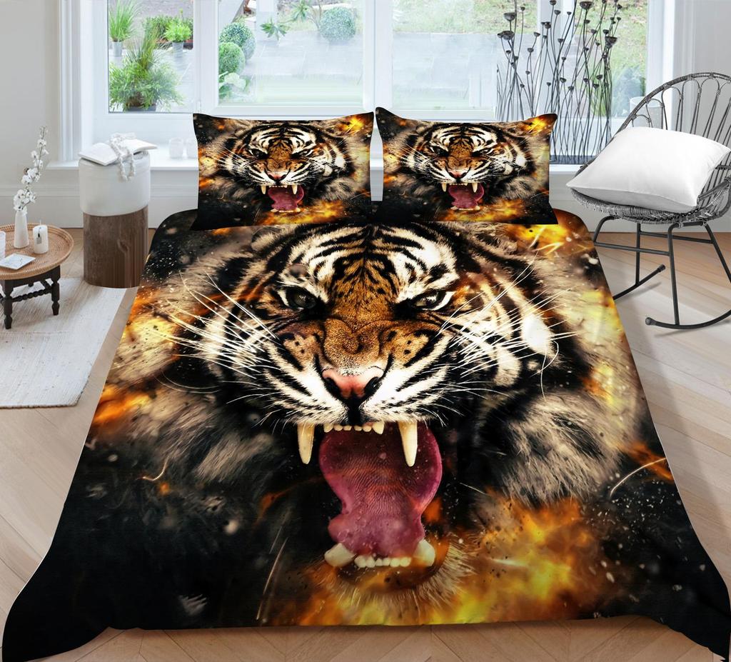3D Tiger Pattern Luxury Home Bedding Set Full Size Quilt Cover and Pillowcase Ferocious Beast Print Washable Comfortable Bedroom Bedding