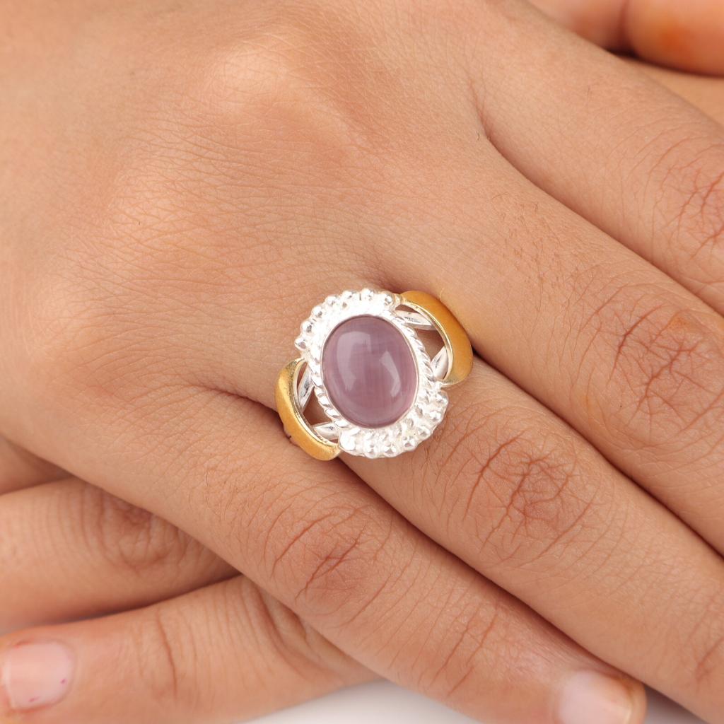 Purple Cat's Eye Gemstone 925 Stamped Silver Jewelry Handmade Ring Gift For Wife RR-61-35