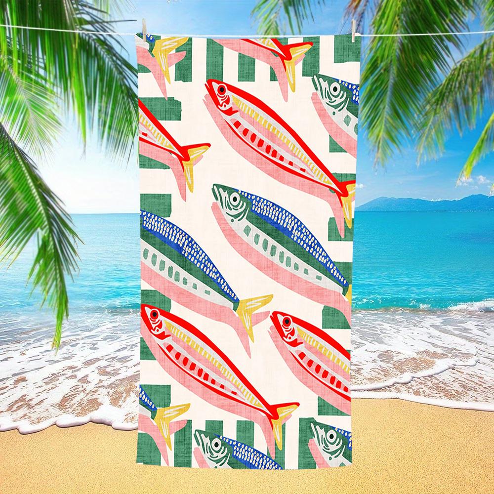 Striped Sardine Fish Print Beach Towel Lightweight Quick Dry for Summer Beach Swim Camping Poolside Daily Use