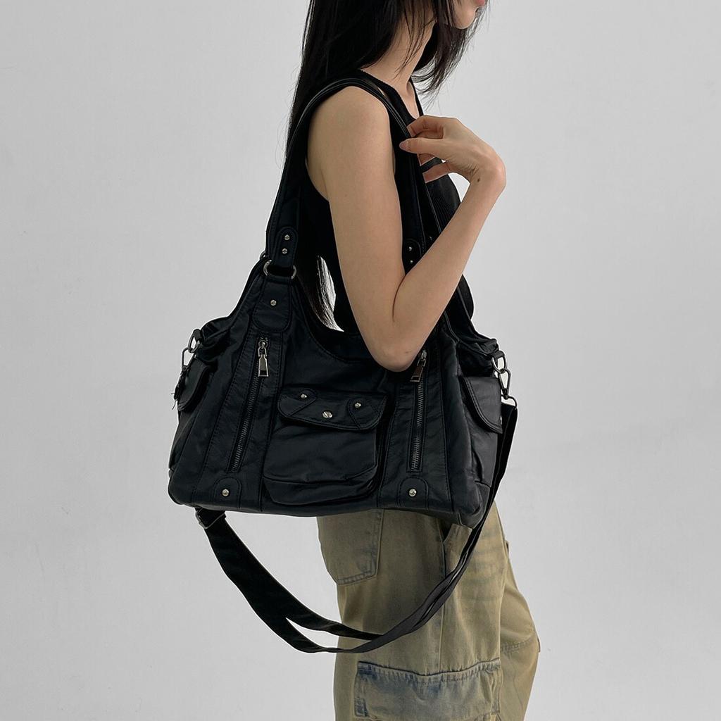 Ladies Washed Spice Girl Locomotive Bag Large Capacity Trend Multi-Pocket Shoulder Bag