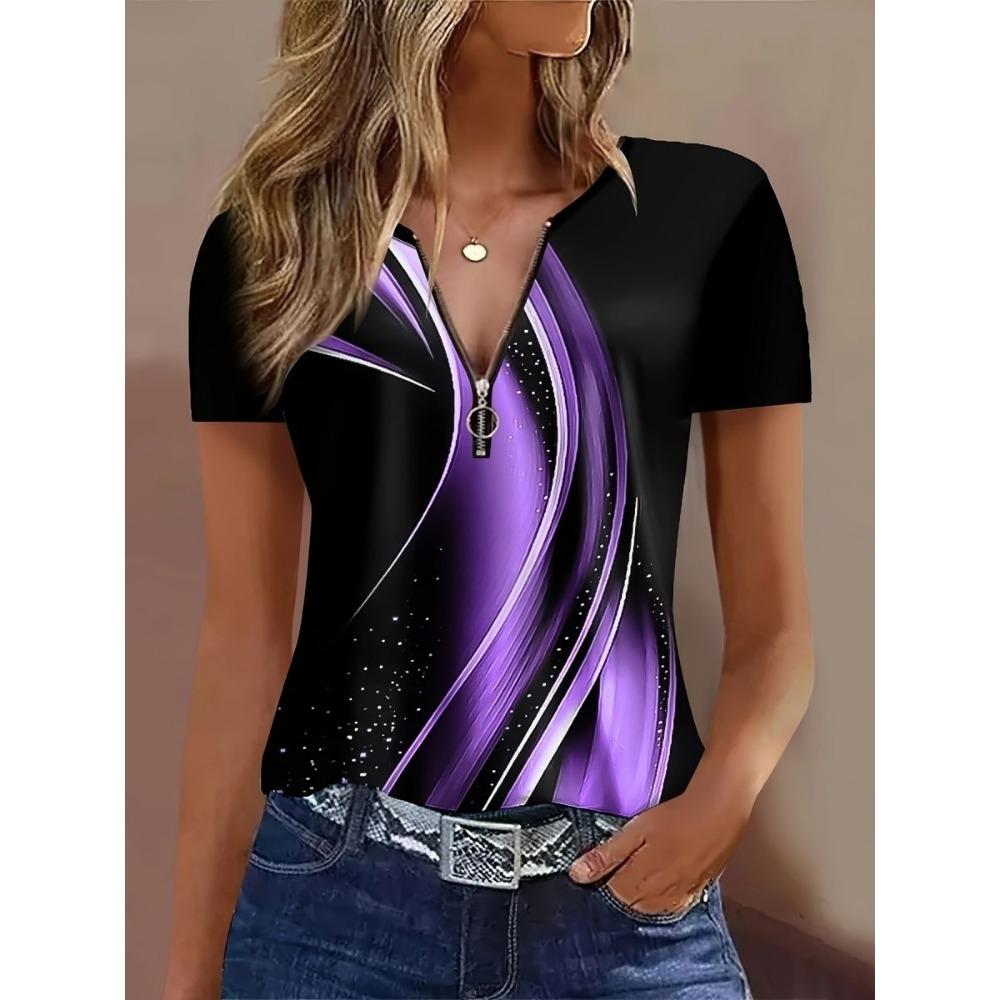 Women's Polo Shirt with Fashionable Zipper and Geometric Design, Suitable for Daily Casual Wear