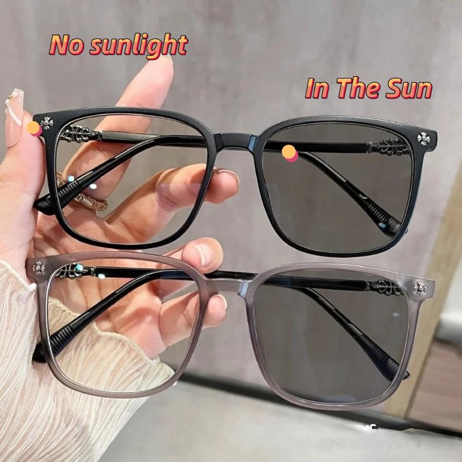 Photochromic Myopia Glasses for Women Men Computer Use Oversized Clear Nearsighted Eyewear with Minus Diopters Plastic Metal Frame