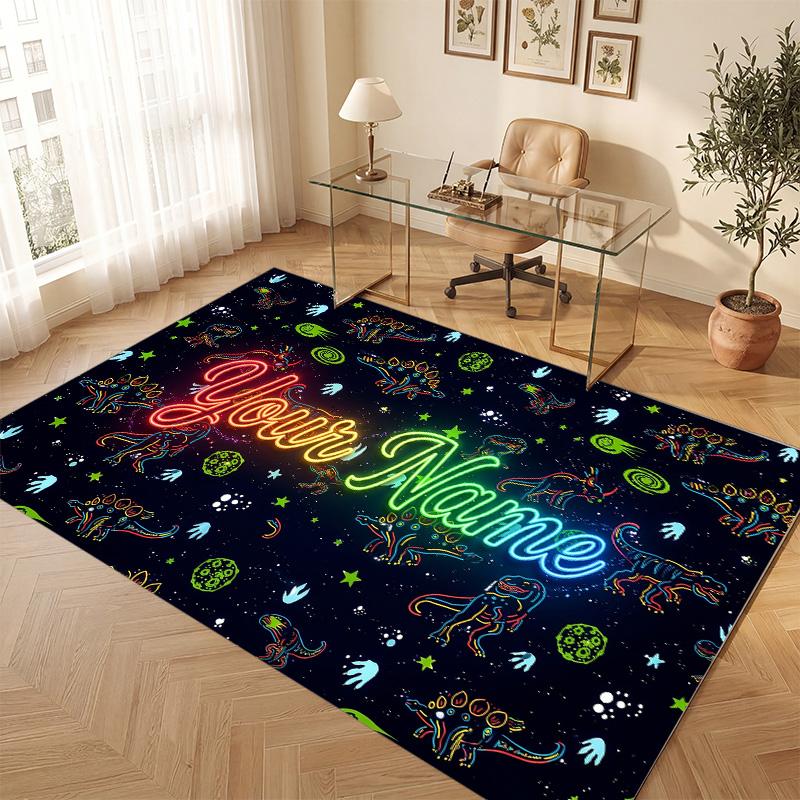 Dinosaur Theme Soft Crystal Velvet Rug Custom Name & Text Print Non Slip Floor Rug for Bedroom Living Room