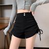 Women's Black Pleated Drawstring Shorts - Spring/Summer Outerwear, Casual Wide-Leg Design