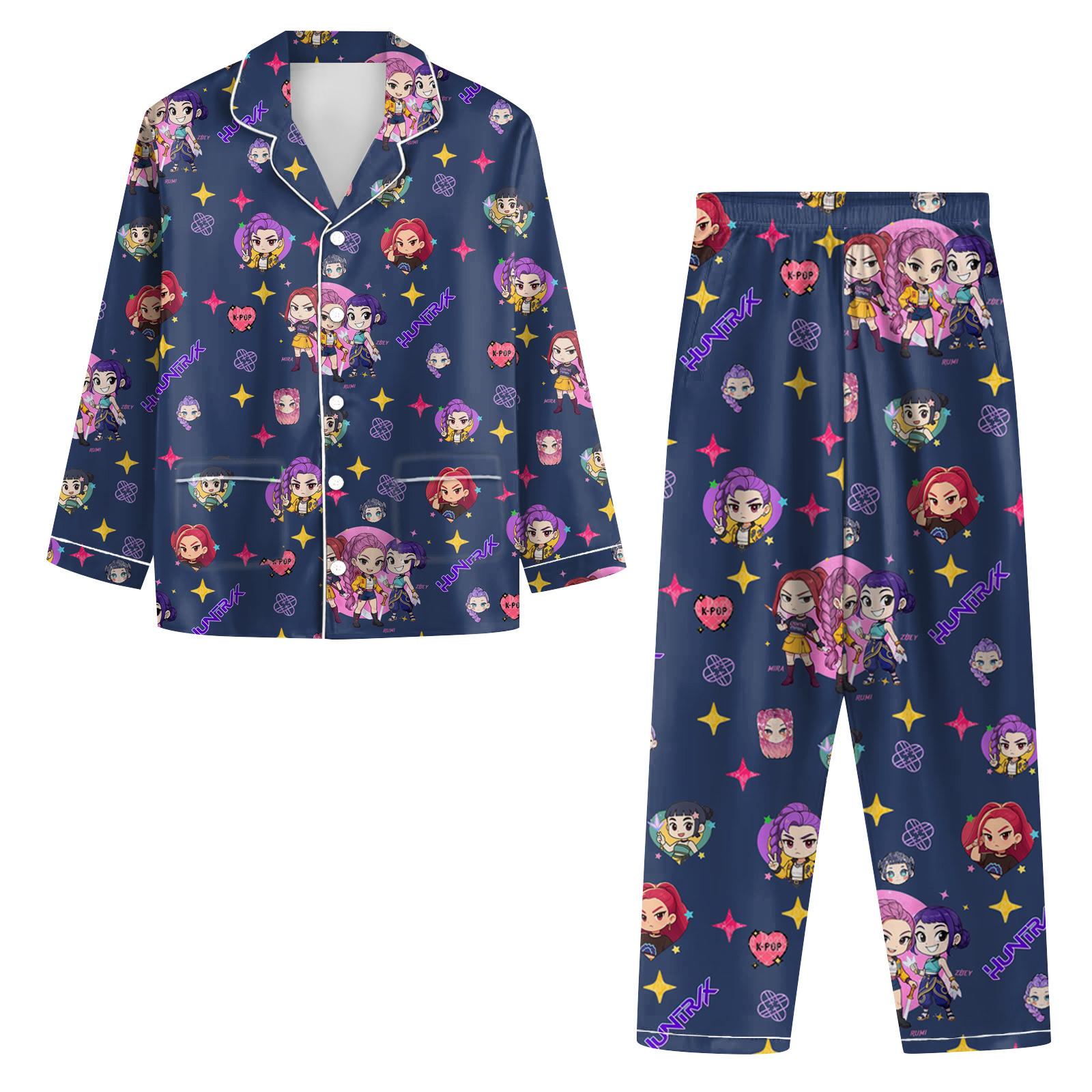 

Женский костюм из 2 предметов с принтом, топ на пуговицах с длинными рукавами, широкие брюки, комплект, пижамный домашний повседневный костюм L тёмно-синий