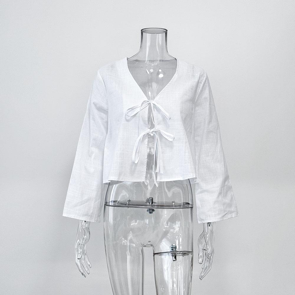 Spring/Summer Trendy Deep V Trumpet Sleeve Tie Top - European & American Women's Fashion