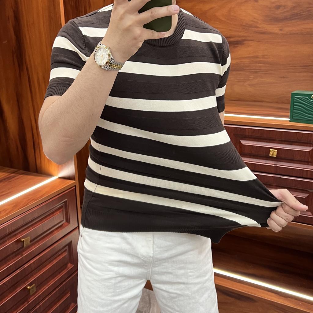 Summer Breathable Versatile Short Sleeve Slim Fit T-Shirt Casual Textured Thick Stripe Trendy Men's Knitwear