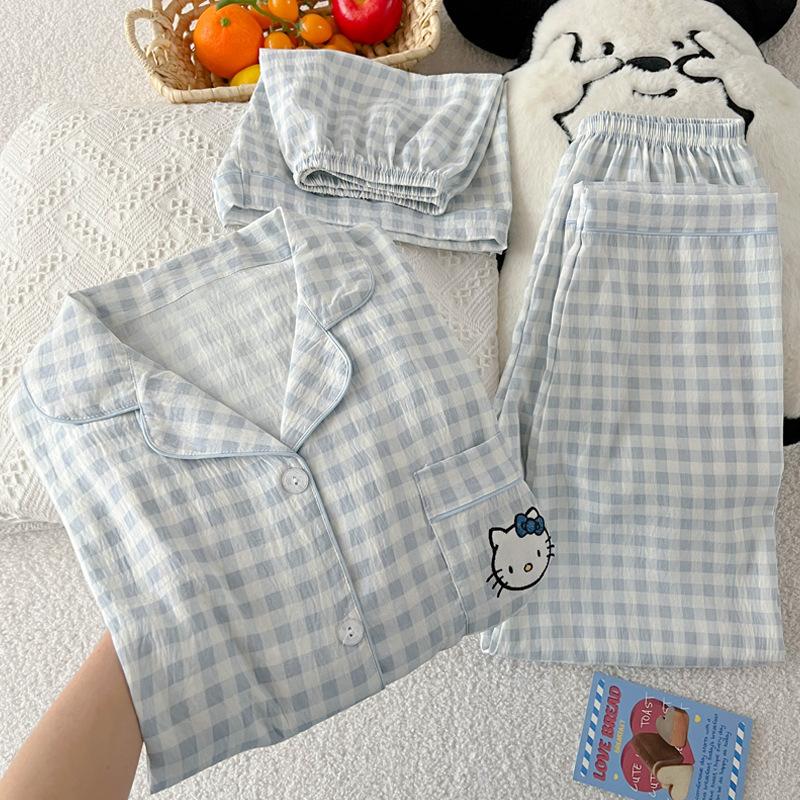 

Милая розовая клетчатая пижама с коротким рукавом женская летняя из облачного хлопка комплект-тройка тонкая домашняя одежда 2XL