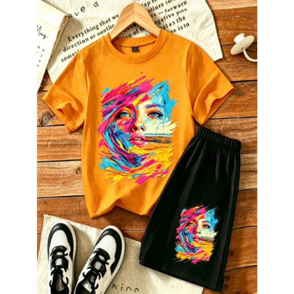 Women's Graffiti Printed Outdoor Street 15 Colors Women's T-shirt and Shorts 2 Piece Set Summer Home Casual Outfit Men's and Women's Sports Set