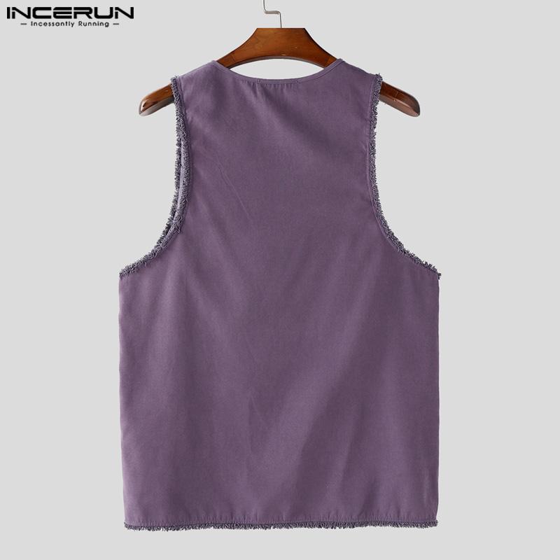 INCERUN Men Round Neck Sleeveless Tassel Hem Casual Loose Tank Tops