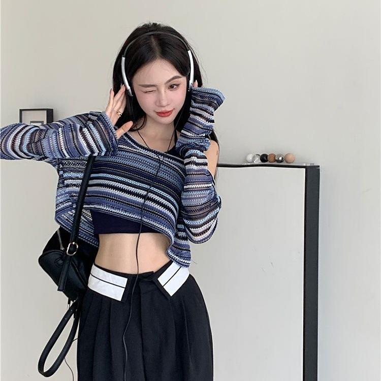 Y2k Aesthetic Women Basic T Shirts Female Hin Knitted Long Sleeve Striped Shirt See Hrough -shirt Lady Streetwear Top
