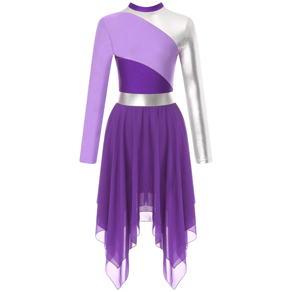 Womens Color Block Patchwork Leotard Dress Long Sleeve Irregular Hem Design Lyrical Dance Costume