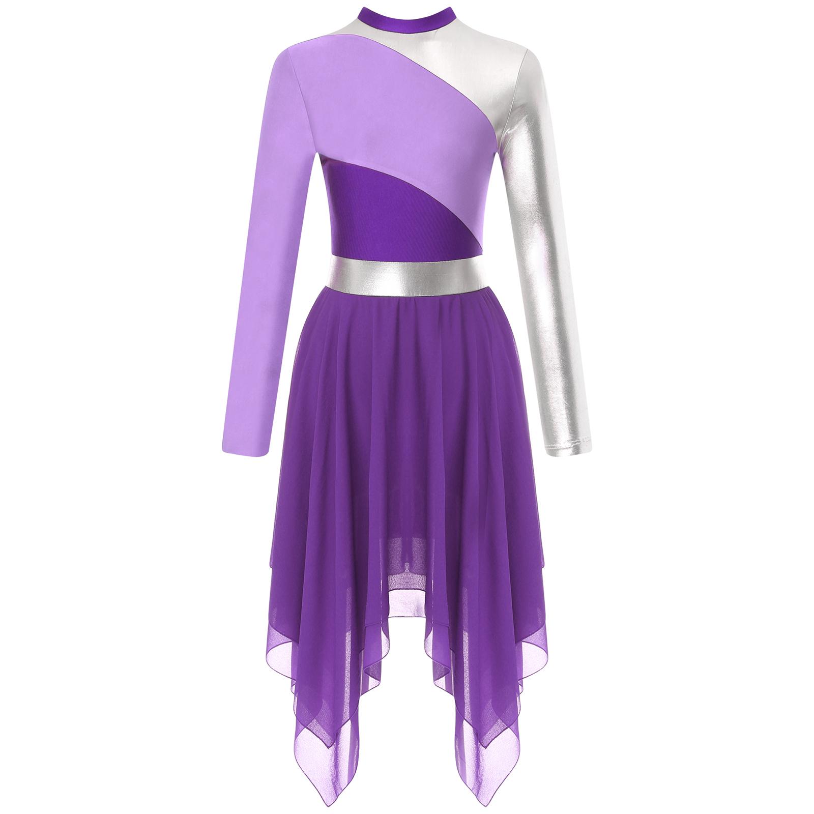 

Жіночий купальник-сукня з кольоровими блоками, печворк, з довгим рукавом, з нерівним подолом, костюм для ліричного танцю S фіолетовий