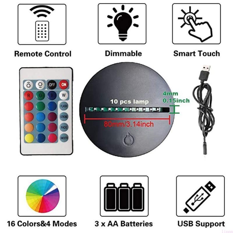 4 Night LED Light Lamp Base Remote Control USB Cable Adjustable 7 Colors Lights