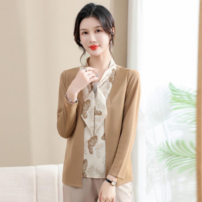 Fashion Medium and Old Women's Clothing Temperament Long-sleeved Bottoming Shirt Female Mother Spring and Autumn Clothing New Fake Two-piece Top