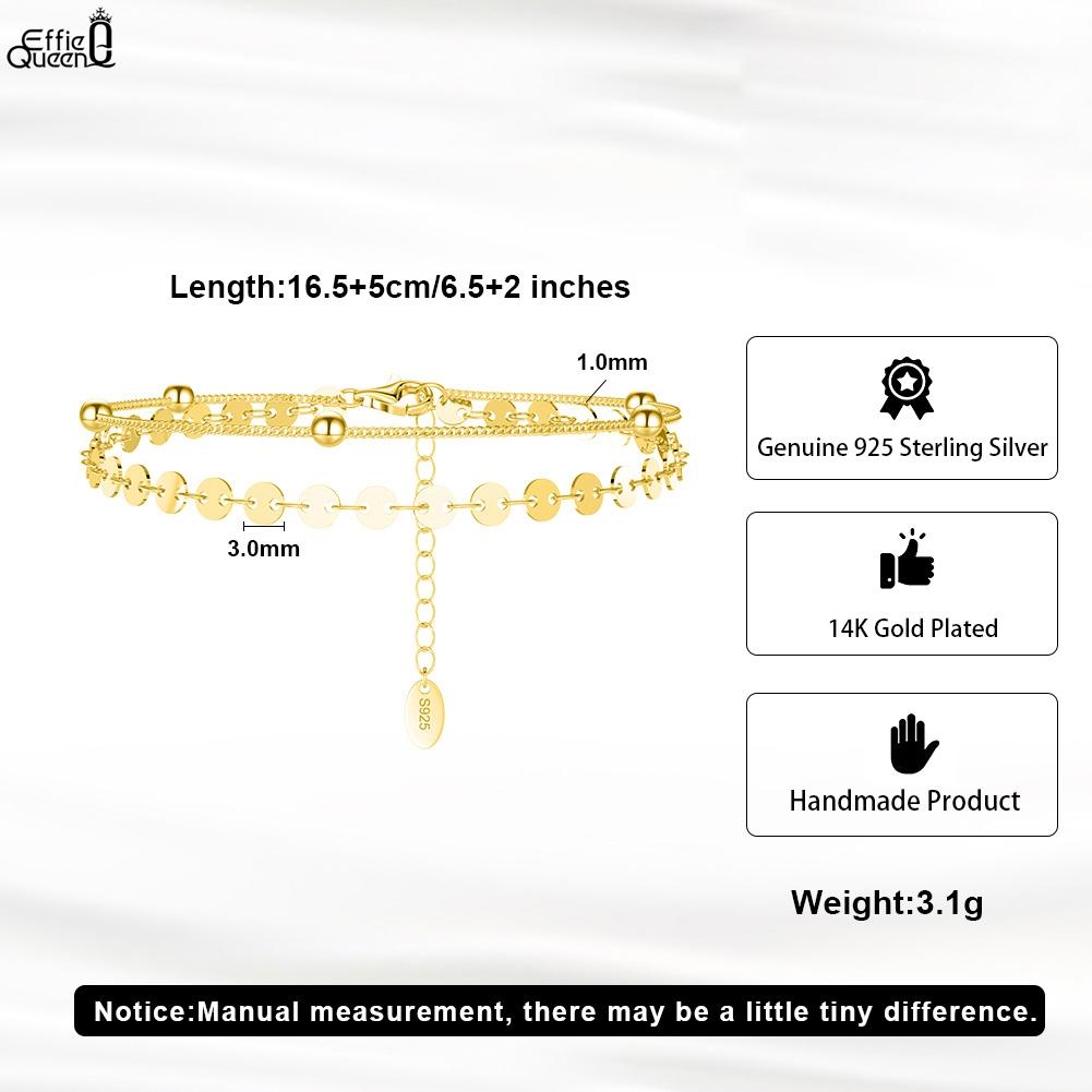 EFFIE QUEEN 925 Sterling Silver Round Bead Sequin Shiny Bracelet Daily Double Layered Chain Beads Bracelet Fashion Jewelry SB174