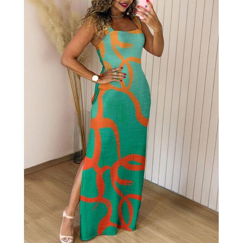 

2025 European and American Summer New Sleeve Contrast Color Sexy Slim fit Split Commuter One piece Dress Women clothing Green L