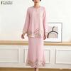ZANZEA Women 3/4 Sleeve Blouse and Midi Skirts Floral Print Two Piece Suit Sets