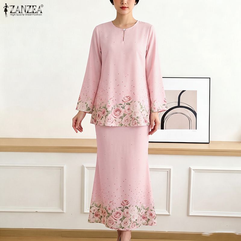 ZANZEA Women 3/4 Sleeve Blouse and Midi Skirts Floral Print Two Piece Suit Sets