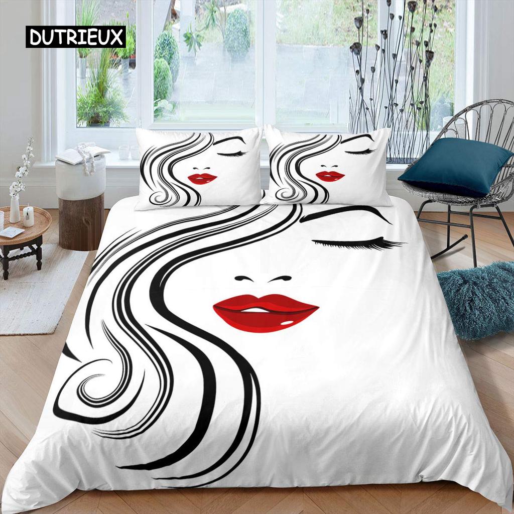 Lip Duvet Cover Pink and Gray Lips Kissing Pattern Comforter Cover Sexy Theme King Size Twin Bedding Set for Women Girls Lovers