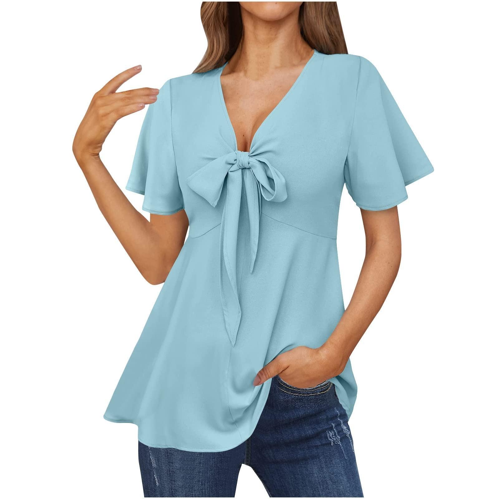 

Женская блузка, повседневная туника с галстуком и V-образным вырезом, рубашка с короткими рукавами, женские топы S