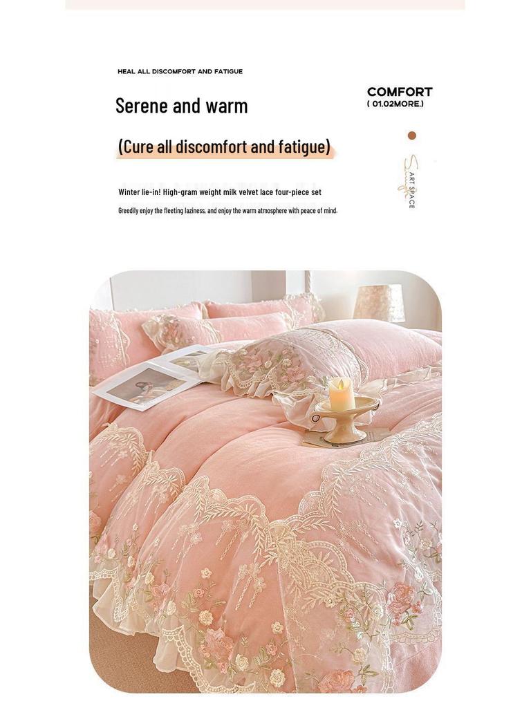 Koreanisches Prinzessinnen-Spitzenrand-Milchsamt-4-teiliges Set: Antistatische Korallenfleece-Bettlaken & Bettbezug