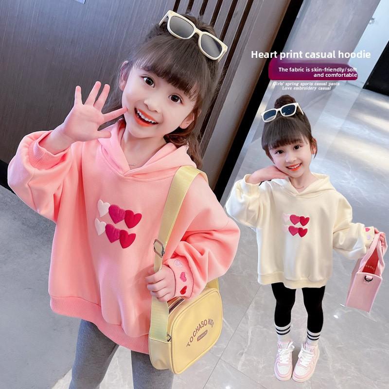 2026 New Girls' Kids Spring Autumn Hooded Sweatshirt with Heart Pattern Girls Long Sleeve Tee Tops For Kids Polyester Daily Wear