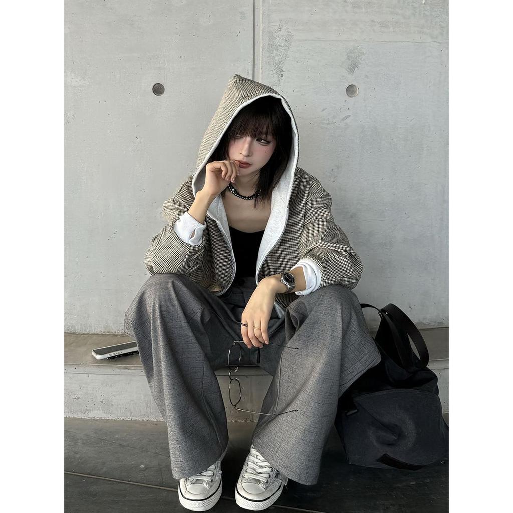 Cleanfit Reversible Houndstooth Hooded Sweatshirt – Men's Autumn/Winter Heavy-weight Zip Cardigan Jacket