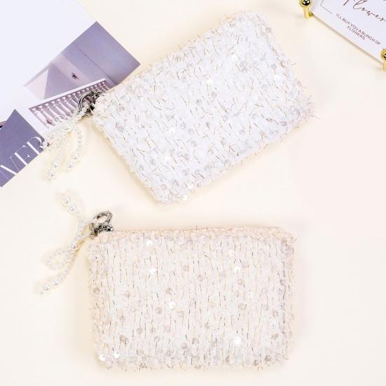 Sequined Cosmetic Bag Girls Stylish Glittery Clutch Makeup Bag with Faux Pearl Bow Zipper Puller Portable Travel Toiletry Organizer for