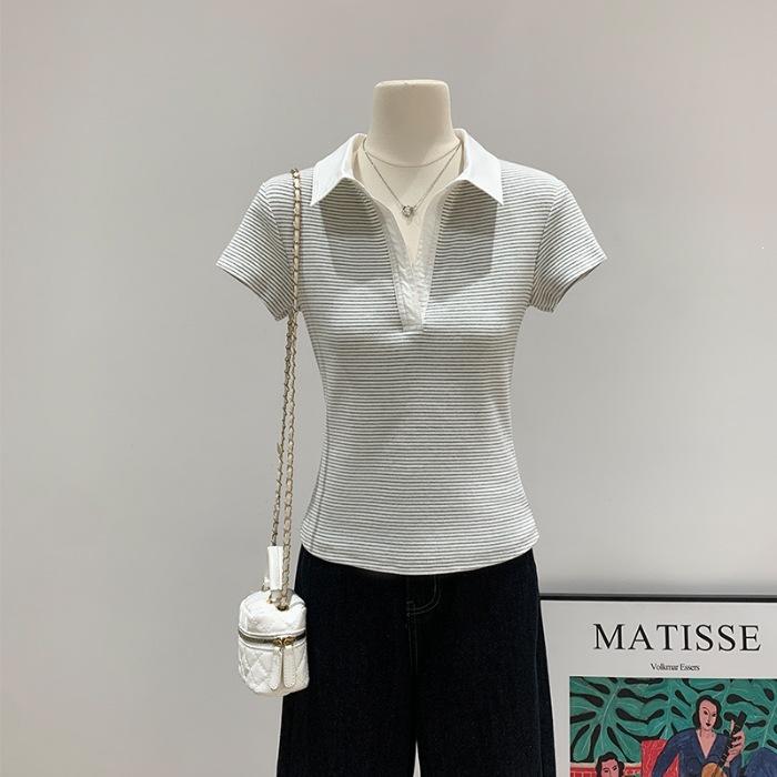 

Grey short-sleeved t-shirt women s short-sleeved summer niche unique and beautiful contrasting color splicing top S