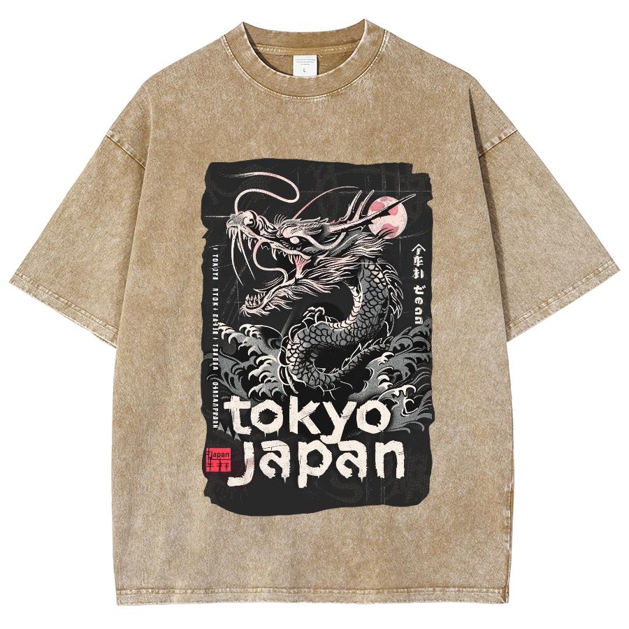 T-shirt för dam med tryck av tecknad drake i japansk stil, modedesign, tvättad, lös, kortärmad, unisex, bomull, komforttopp