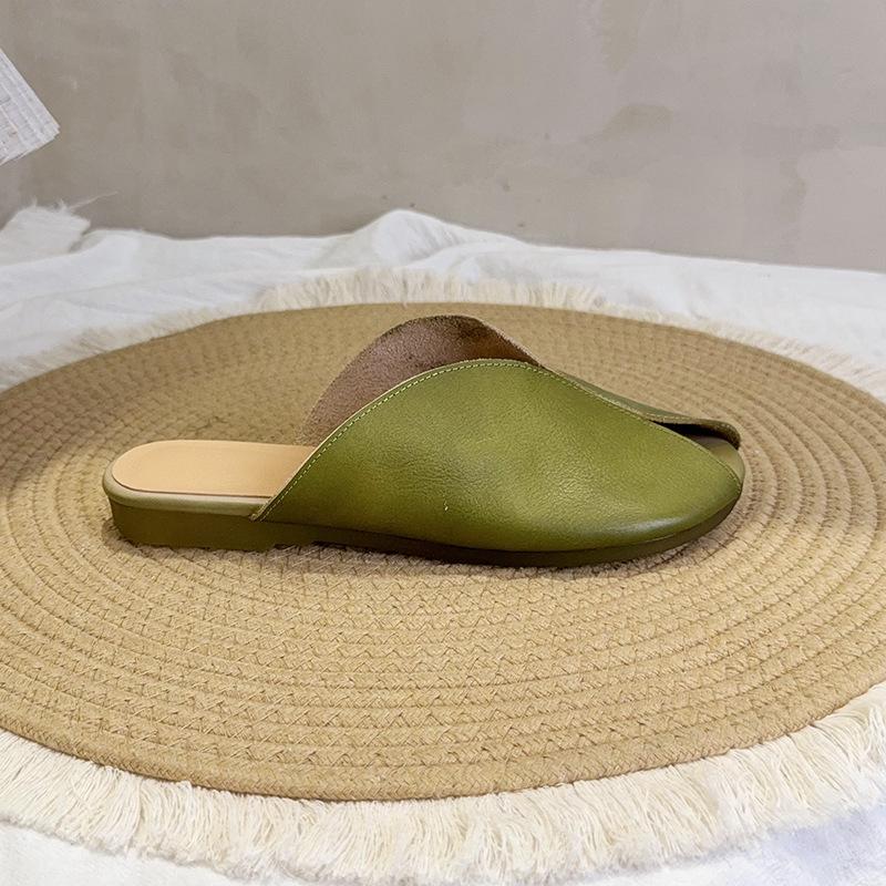 

Johnature Тапочки на плоской подошве с открытым носком из натуральной кожи, винтажные, дышащие, мягкие, подошва, универсальная женская обувь 38 зелёный