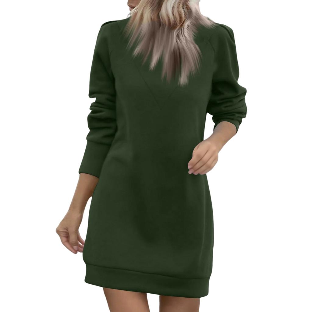 Women's Casual Fleece Lined Round Neck Long Sleeve Color Dress