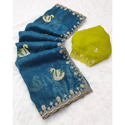 Crunchy Ciffon  Saree Flower Embroidered and Both Hand Moti Work & Diamond Work with Contrast Embroidery Blouse Piece.