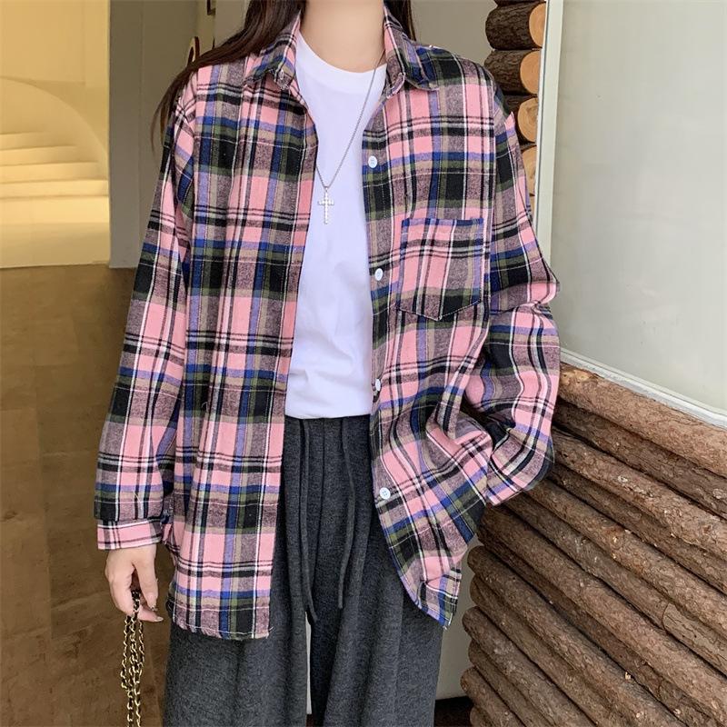1116 New Spring and Autumn Design Plaid Shirt Jacket Women's New Loose Casual Meat Cover Medium and Long Shirt