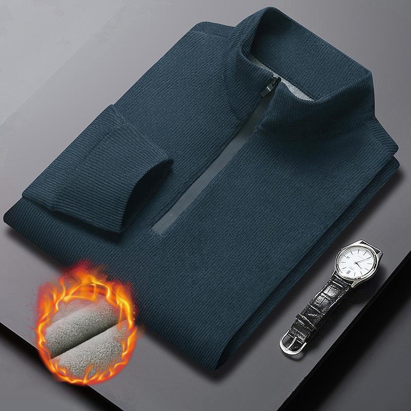 Men s Winter European Cotton Plus Velvet Half-Zip Stand Collar Sweater. XL